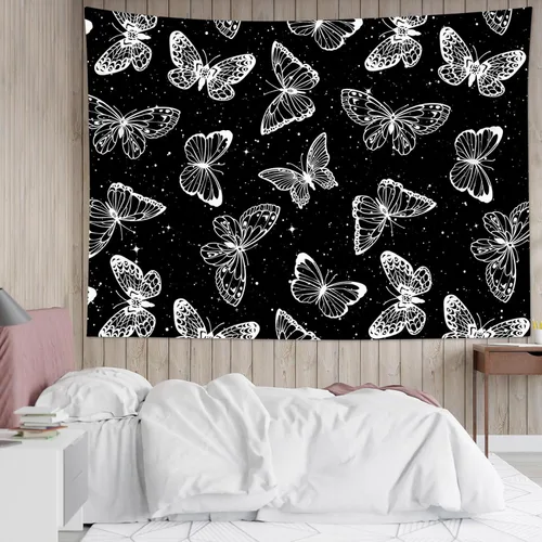 Miniatura 4 de HVEST Tapiz espacial de mariposa en galaxia para dormitorio, cielo estrellado blanco y negro para colgar en la pared para sala de estar, decoración