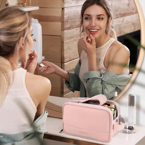 Miniatura 6 de Neceser para mujer, organizador de bolsa de viaje de maquillaje, bolsa de cosméticos de baño grande, kit de Dopp de viaje, bolsa de ducha, Rosa, L