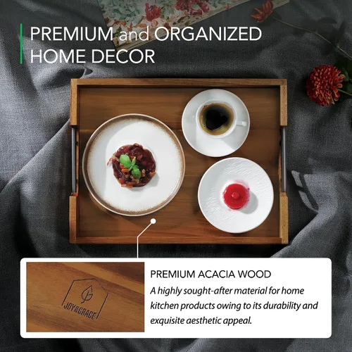 Miniatura 4 de Joy&Grace Bandeja otomana para sala de estar, bandeja grande de madera de acacia con asas para mesa de café, desayuno en la cama, cena de comida