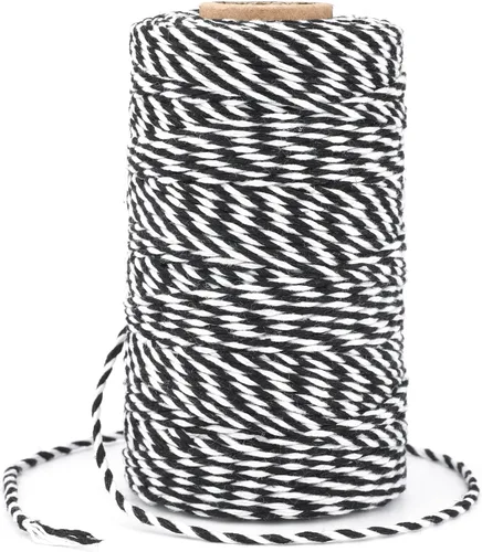 jijAcraft Cordel de Hilo Blanco y Negro, 328 Pies de Cordel de Panaderos de Navidad, Cuerda de Empaque Resistente de 2MM para Manualidades DIY,