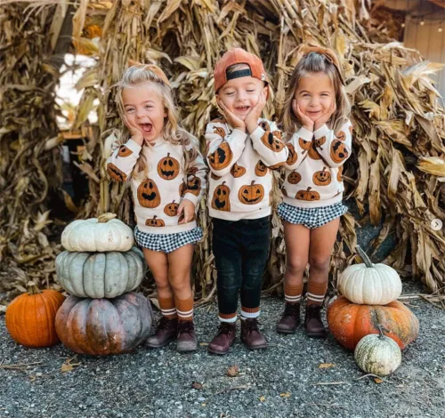 Miniatura 32 de Ropa de Halloween para bebé niña, sudadera con estampado de calabaza, mameluco de burbujas, lindo traje de Acción de Gracias de otoño