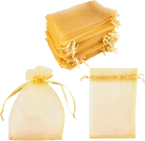 Super Z Outlet Paquete de 100 mini bolsas transparentes de organza transparentes con cordón de 4 x 6 pulgadas, bolsas de joyería para bodas, Dorado