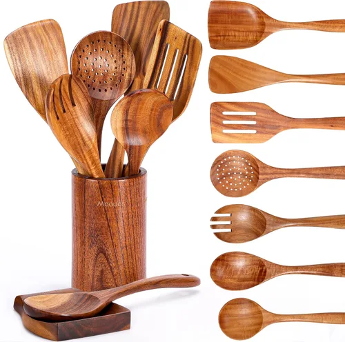 Mooues Juego de utensilios de cocina de madera de teca natural de 9 piezas con soporte para cucharas - Cucharas de cocina y soporte para utensilios