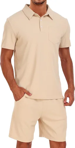 Conjunto de camisa polo y pantalones cortos para hombre, conjunto de 2 piezas, de verano, casual, de punto gofre, de manga corta, para hombre