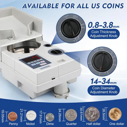 Miniatura 2 de Ribao CS-10S Contador y Clasificador de Monedas Portátil de Alta Velocidad, Velocidad de Conteo de 1800 Monedas por Minuto, Capacidad de Tolva