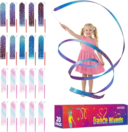 Miniatura 9 de Paquete de 20 varitas de baile de cinta para niños, cinta de baile arcoíris, suministros de decoración de fiesta de princesa, barra de cinta