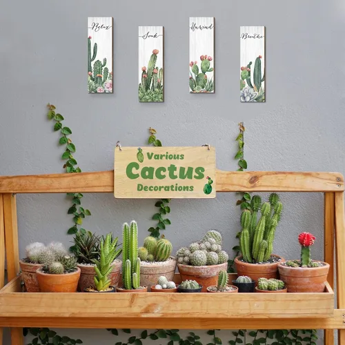 Miniatura 3 de Amyhill 4 piezas de decoración de pared de cactus Relax Soak Unwind Breathe - Decoración de pared de cactus de madera para colgar en la pared