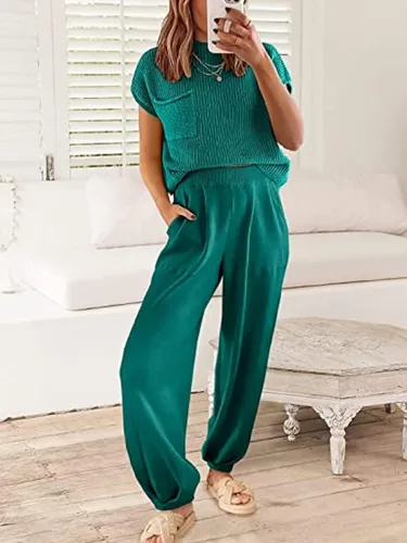 Miniatura 2 de Auciho Women's Sweater Sets Two Piece Outfits Knit Lounge Set Pullover Tops Harem Pants Matching Clothes Set