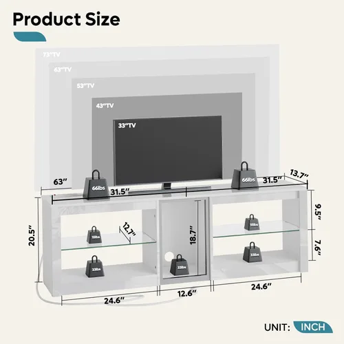 Miniatura 6 de Bestier Soporte de TV para TV de 70 pulgadas, centro de entretenimiento para juegos para PS5, gabinete de TV LED con estantes de vidrio para sala