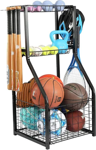 YueTong Organizador de equipo deportivo para organización de garaje, almacenamiento de pelotas con soporte de baloncesto y estante para carrito de