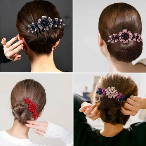 Miniatura 7 de 4 piezas coloridas de lujo brillante hoja flor diamantes de imitación negro lado de plástico francés peines de pelo largo diapositivas pasadores