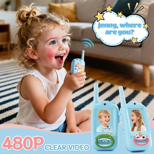 Miniatura 4 de Walkie Talkies de video para niños, paquete de 2 walkie talkies para niños con bonita cubierta de silicona, cambiador de voz, rango de 1000 pies