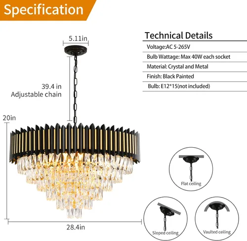 Miniatura 6 de Candelabro moderno de cristal negro y dorado de 15 luces para comedor, sala de estar, redondo, 6 niveles, contemporáneo, colgante de techo, lámpara