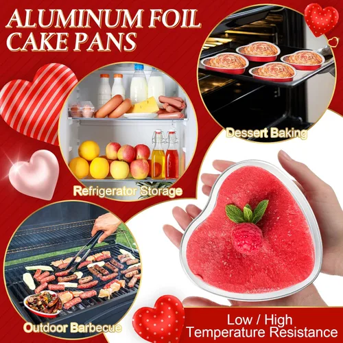 Miniatura 7 de Yinkin Juego de 50 moldes de aluminio con forma de corazón de 9 onzas con tapa, moldes desechables de papel de aluminio para cupcakes, moldes