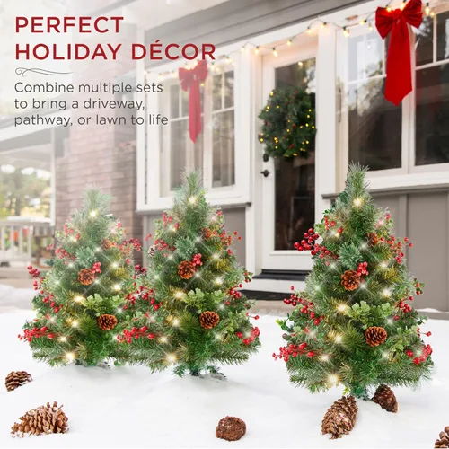 Miniatura 2 de Best Choice Products Juego de 2 árboles de Navidad de 24.5 pulgadas, funciona con pilas, decoración navideña preiluminada con luces LED, bayas