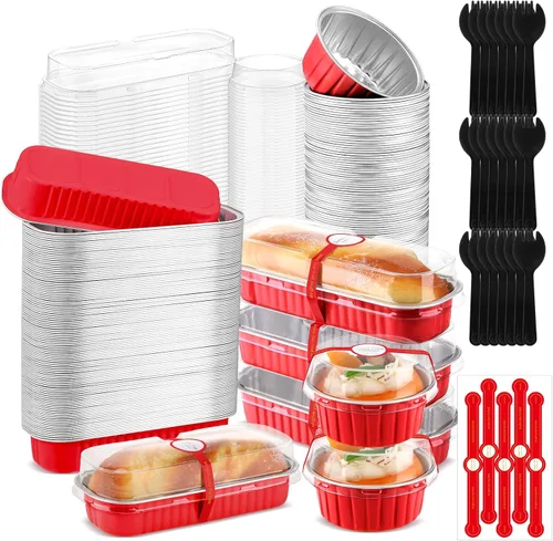 Miniatura 7 de Suclain 600 piezas de mini moldes para pan negros y dorados con tapas y cucharas, calcomanías de sellado de 6.8 onzas, papel de aluminio desechable