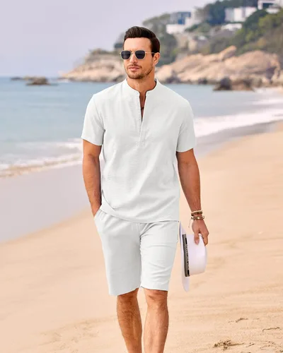 Miniatura 3 de COOFANDY Conjunto de 2 piezas de lino para hombre, camisas Henley casuales de manga corta, pantalones cortos de yoga para la playa, pantalones