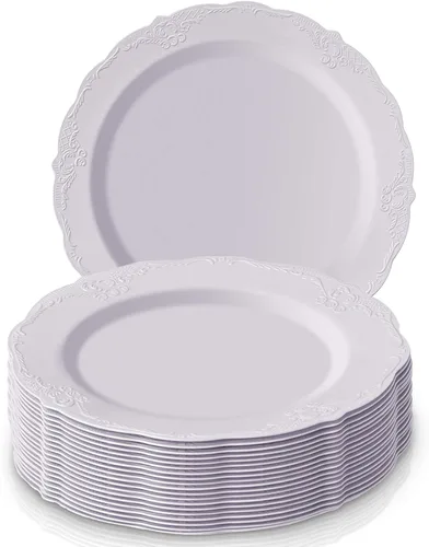 Silver Spoons Platos desechables para vajilla | Plástico reutilizable de alta calidad | Vintage | 10 piezas, platos llanos, color blanco
