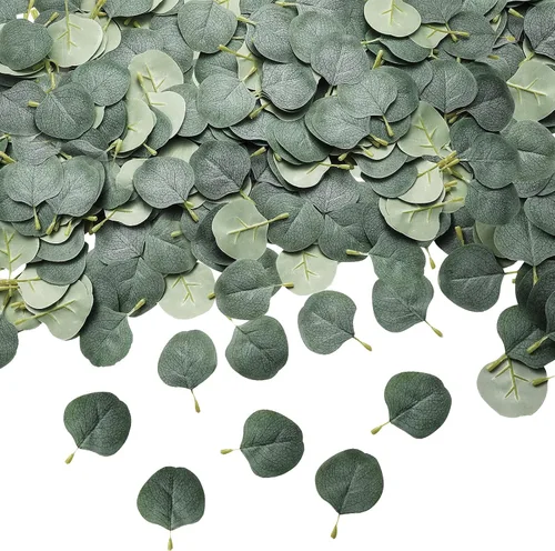 WILLBOND Más de 400 hojas de eucalipto, pétalos de eucalipto falsos bohemios, decoración de mesa de boda, confeti verde suelto para decoración de