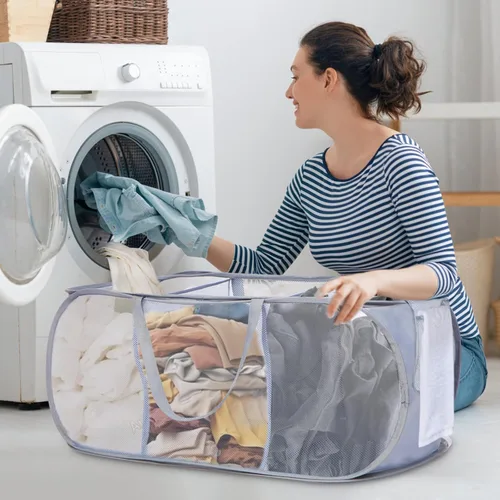 Miniatura 2 de Cesta de lavandería plegable y duradera que se despliega, resistente con 3 compartimentos, bolsillo práctico y cestas de ropa fáciles para Gris