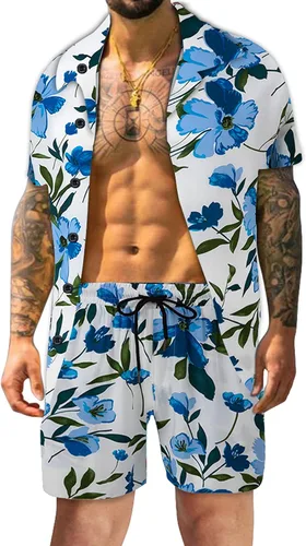 Atwfo Conjunto de camisa hawaiana y pantalón corto para hombre, conjunto de 2 piezas para vacaciones, casual, con botones, playa, trajes florales