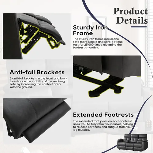 Miniatura 6 de Sofá reclinable eléctrico con calor y masaje, sofá reclinable eléctrico con reposapiés extendido, sofá reclinable de 3 plazas con puertos USB