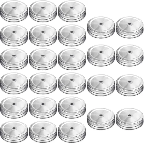 Mudder Paquete de 26 tapas para tarros de conservas Mason con agujero para popote para tarros de metal de boca ancha regular con agujero para