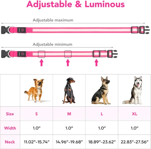 Miniatura 5 de Vizpet Collar para perro con luz LED, ajustable, recargable por USB, superbrillante, luz de seguridad brillante para perros (XL, rosa)