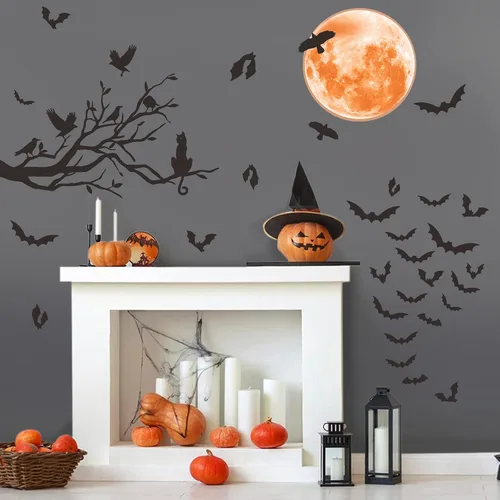 Miniatura 2 de Halloween Moon Wall Sticker Black Bat Wall Stickers Vinyl Crow Bird Tree Branch Wall Decals Removable Halloween Moon Bat Wall Decals Bats Window