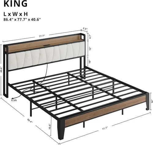 Miniatura 151 de LIKIMIO Base de cama Queen, cabecera de almacenamiento con estación de carga, sólida y estable, sin ruido, no necesita somier, fácil montaje Vintage