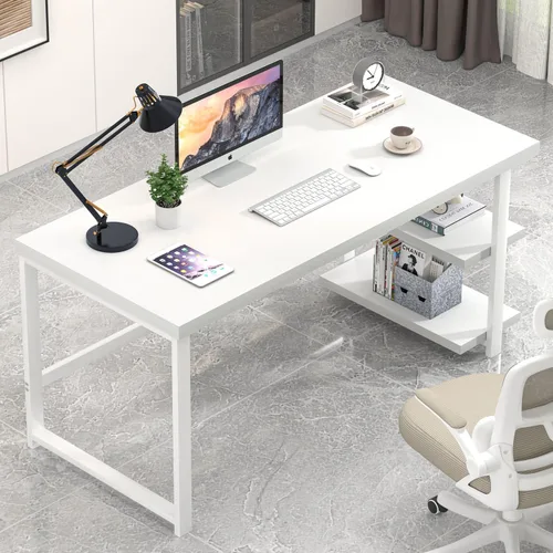 Miniatura 3 de EXCEFUR Escritorio blanco para computadora, moderno escritorio de oficina en casa con estante de almacenamiento, mesa de estudio de escritura