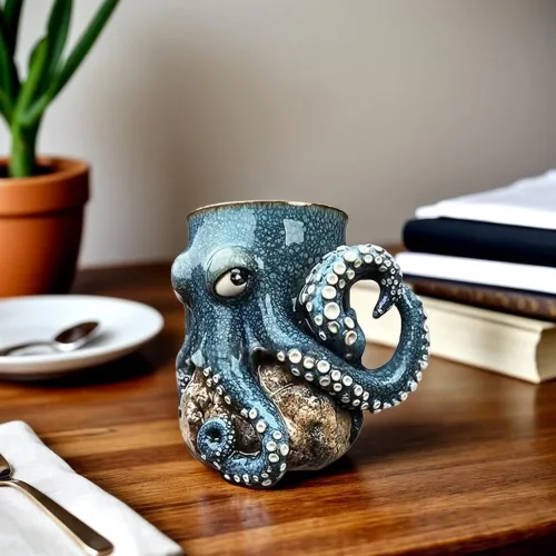 Miniatura 9 de Taza de pulpo de criatura oceánica para decoración del hogar, soporte para bolígrafo de pulpo 3D, único y novedoso con mango de tentáculo, bigote