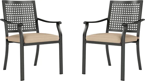 Miniatura 18 de PHI VILLA Juego de 2 sillas apilables de hierro forjado para patio, sillas de metal portátiles negras para exteriores, soporta 300 libras, ideal