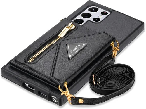 Funda tipo cartera cruzada de piel sintética para Samsung Galaxy S22 Ultra 5G, 6.8 pulgadas, tarjetero, monedero con cremallera y soporte (negro)
