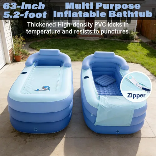 Miniatura 2 de Bañera inflable para adultos de 63 pulgadas y 5.2 pies con bomba de aire eléctrica, bañera de hidromasaje portátil independiente plegable para baño