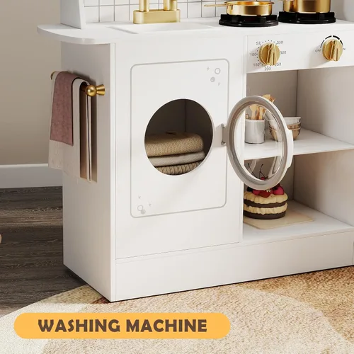 Miniatura 7 de JOYLDIAS Cocina moderna de madera, juego de cocina de juguete para niños pequeños con lavadora, refrigerador, microondas, horno, cafetera, luces