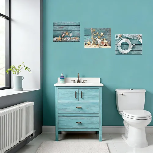 Miniatura 2 de Biuteawal - 3 piezas de lienzo para pared, diseño de concha de estrella de mar sobre tablero verde azulado, impresiones de playa, naturaleza, lienzo