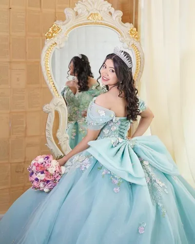 Miniatura 4 de Mauuwy Vestidos de quinceañera florales en 3D, vestido de baile de tul brillante hinchado, dulce 16 vestidos de encaje con hombros descubiertos