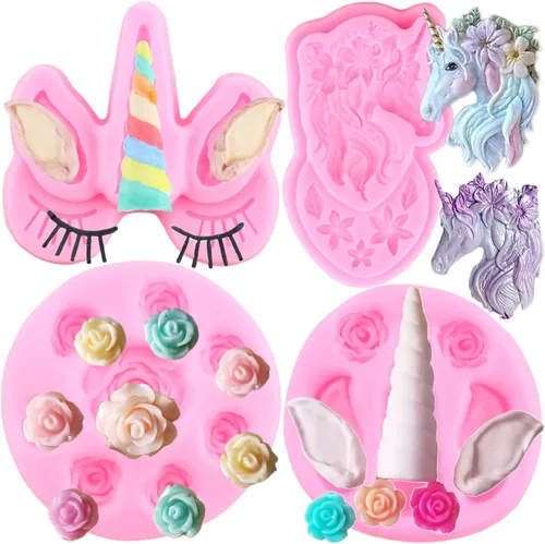ZiXiang Molde de silicona de unicornios con orejas de unicornios, moldes de fondant, molde de flores de rosas para decoración de pasteles, Estilo E