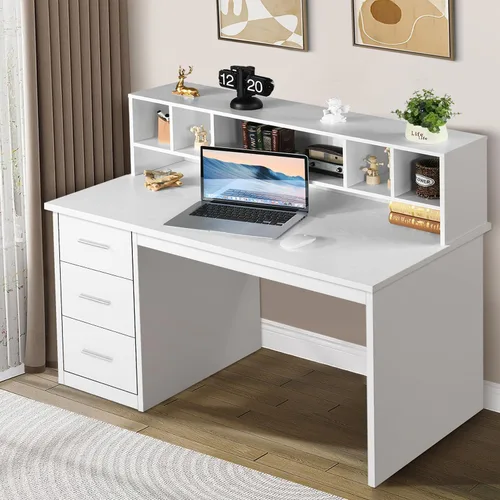 MaverickFurni Escritorio blanco con cajones, escritorio de oficina en casa de 46 pulgadas con gabinete y almacenamiento, escritorio pequeño con 3