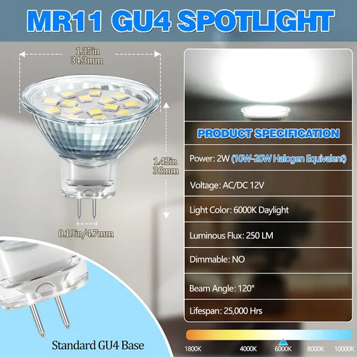 Miniatura 2 de Akynite MR11 - Bombillas LED GU4 de 12V-24V, 2W equivalente a halógena de 10W-20W, bombilla reflectora GU4 de base bi-pin, bombilla MR11 blanca
