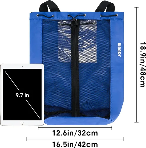 Miniatura 8 de WANDF Bolsa de Natación Mochila de Malla con Cordón Mochila de Playa para Natación, Gimnasio y Equipo de Entrenamiento Azul marino con bolsillo