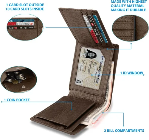 Miniatura 2 de doeboe Billetera triple con bolsillo para monedas, billetera Airtag con bloqueo RFID, cartera para tarjetas de crédito para hombre, de piel