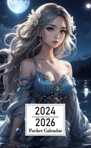 Pocket Calendar 2024-2026: Two-Year Monthly Planner for Purse , 36 Months from January 2024 to December 2026 | Anime girl | Shimmering moonlit lake