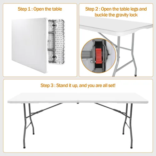 Miniatura 5 de Lakhow Mesa plegable de 6 pies, mesa de plástico para interiores y exteriores, mesa de comedor portátil de altura cuadrada, perfecta para picnics