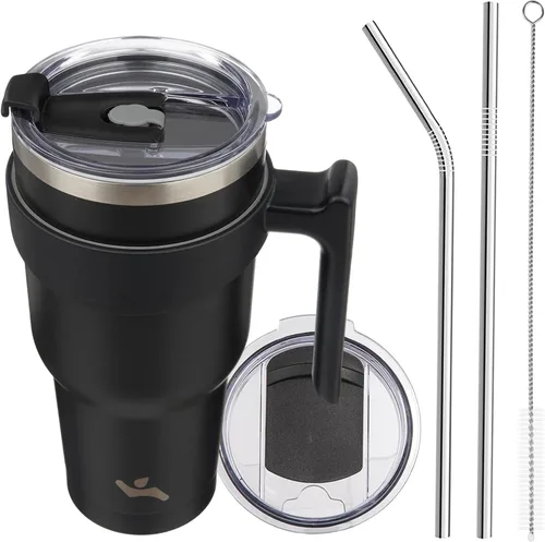 Miniatura 70 de Konokyo - Vaso de 10 onzas con asa y 2 popotes, 2 tapas, botella de agua aislada de acero inoxidable, taza de viaje reutilizable, color verde militar