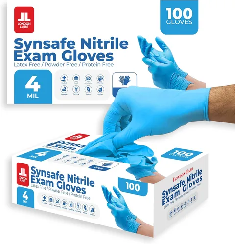 London Labs Synsafe - Guantes de examen de nitrilo azul de 4 mil, desechables, sin látex y sin polvo, extra fuertes, guantes de goma