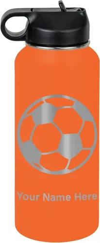 Miniatura 57 de LaserGram Botella de agua personalizada, pelota de fútbol, acero inoxidable de doble pared aislada al vacío con popote superior, regalo grabado
