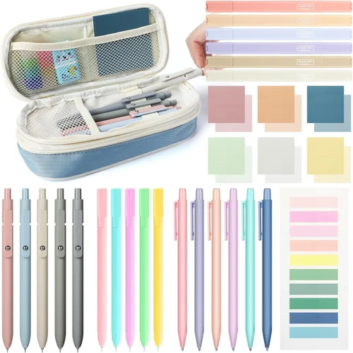 Miniatura 10 de 30 piezas de suministros escolares estéticos con estuche, 6 lápices mecánicos, 5 bolígrafos, 5 bolígrafos de secado rápido, 6 resaltadores pastel