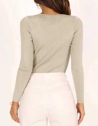 Miniatura 4 de ZESICA Camisetas de manga larga con cuello redondo para mujer, para otoño, de punto acanalado, ajustadas, casuales, color sólido, básicas